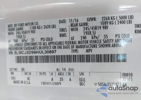 2017 Lincoln Mkc Reserve from USA, damaged, VIN 5LMCJ3D99HUL30897